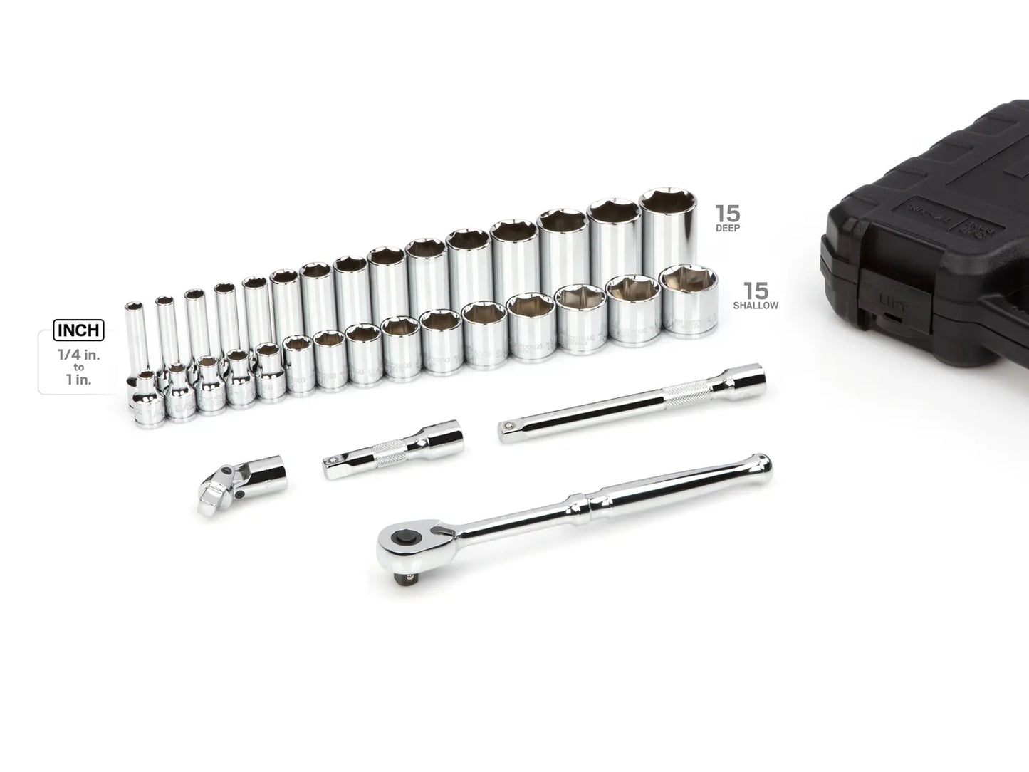 3/8 Inch Drive Shallow and Deep 6-Point Socket and Ratchet Set with Case, 34-Pie