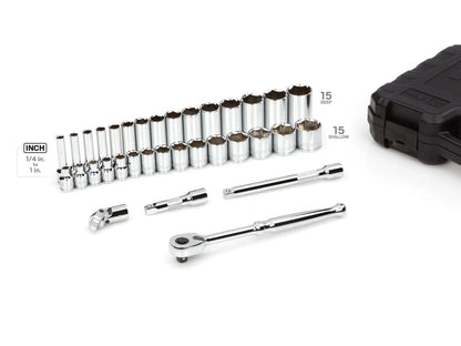 3/8 Inch Drive Shallow and Deep 6-Point Socket and Ratchet Set with Case, 34-Pie
