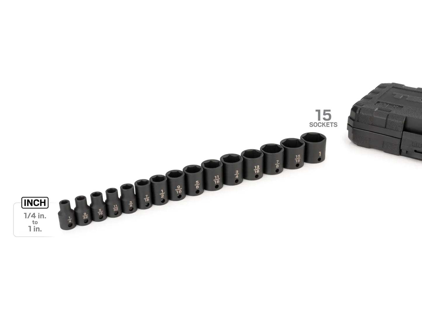 3/8 Inch Drive Shallow 6-Point Impact Socket Set with Case, 15-Piece (1/4 - 1 in