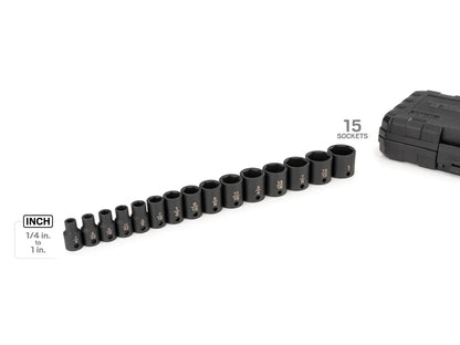 3/8 Inch Drive Shallow 6-Point Impact Socket Set with Case, 15-Piece (1/4 - 1 in