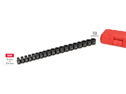 3/8 Inch Drive Shallow 6-Point Impact Socket Set with Case, 19-Piece (6 - 24 mm)