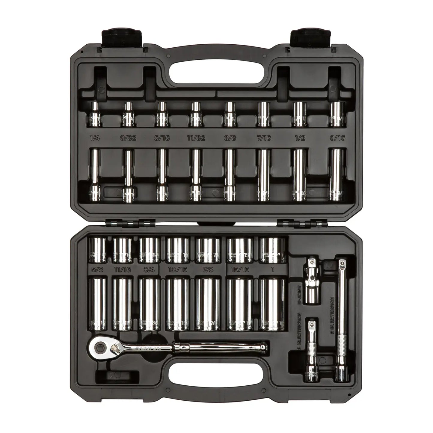 3/8 Inch Drive Shallow and Deep 6-Point Socket and Ratchet Set with Case, 34-Pie