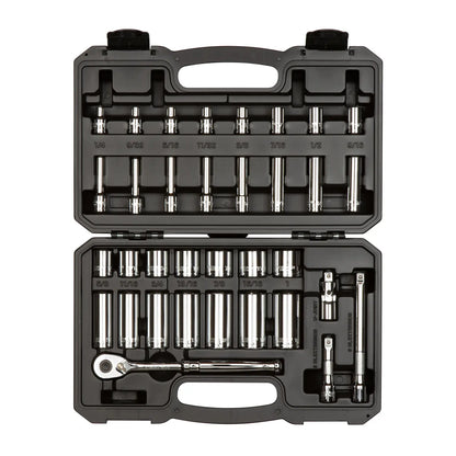 3/8 Inch Drive Shallow and Deep 6-Point Socket and Ratchet Set with Case, 34-Pie