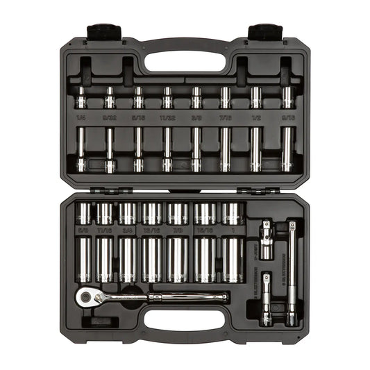 3/8 Inch Drive Shallow and Deep 6-Point Socket and Ratchet Set with Case, 34-Pie